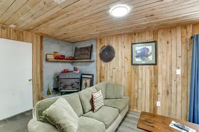 a living room with a couch and a stove at Mtn-View Deck and Grill Creekside Catskills Cabin! in Equinunk