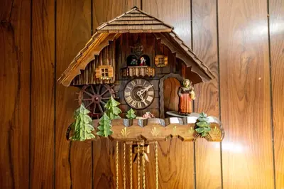 a cuckoo clock is hanging on a wall at Lakehouse with Boats, MiniGolf, Sauna, HotTub, Swings and Playground! in Pocono Summit
