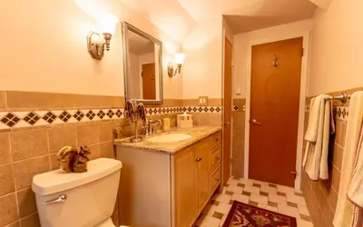 a bathroom with a toilet and a sink and a mirror at Lakehouse with Boats, MiniGolf, Sauna, HotTub, Swings and Playground! in Pocono Summit