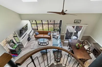 an overhead view of a living room with a ceiling at Mountain Creek Townhouse in Vernon Township