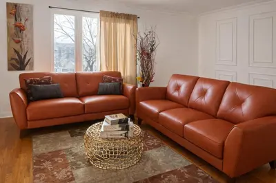 a living room with two brown leather couches and a table at Tremont Hidden Treasure in East Orange