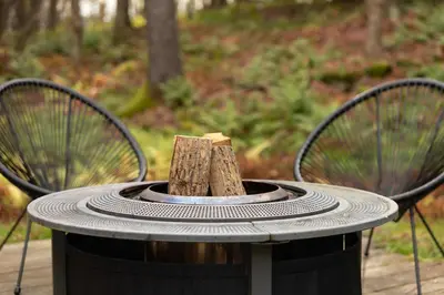 a tree stump in a barrel with two chairs at Private Chalet with Fire Pit Deck and Large Yard in Roscoe
