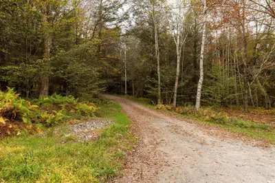 a dirt road in the middle of a forest at Private Chalet with Fire Pit Deck and Large Yard in Roscoe
