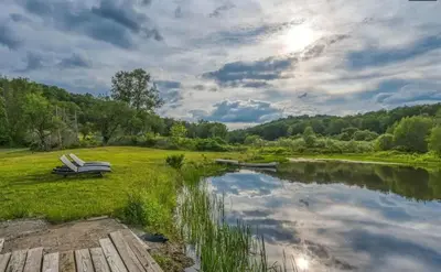 a bench sitting on the grass next to a pond at Chic Renovated Chalet with Private Pond in Roscoe