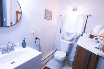 a bathroom with a toilet and a sink and a mirror at Rustic Retreat Fireplace, Casino, Camelback Close to everything! in Mount Pocono