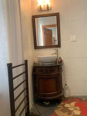 a bathroom with a sink and a mirror on the wall at NYC Apartment by the Harbor in Saint George
