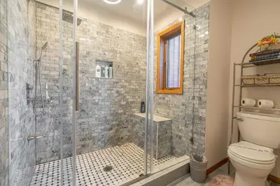 a bathroom with a shower and a toilet at Hidden Gem Best Views Unbeatable Seclusion etc in Albrightsville