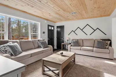 a living room with two couches and a table at Cozy Cinema Cabin - Hot Tub and More in Blakeslee