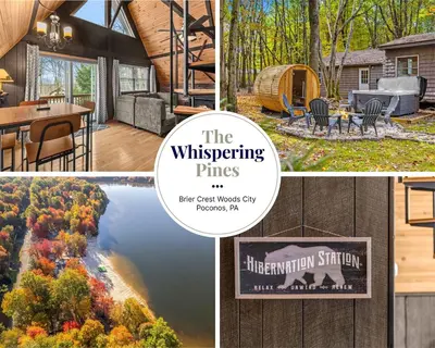 a collage of photos with a house and a lake at Whispering Pines - Lake Access Hot Tub Fire Pit in Blakeslee