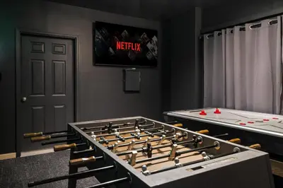 a large game room with a snooker table at Lakefront Movie & Game Rooms Hot Tub Sauna etc in Albrightsville