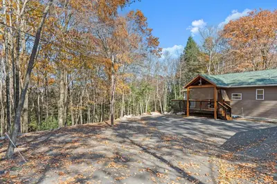 a house in the woods with a driveway at Cabin Oasis - Nestled in the Woods Seclusion in Blakeslee