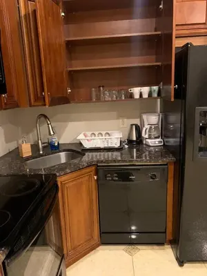a kitchen with a sink and a black refrigerator at \u8d39\u57ce\u5e02\u4e2d\u5fc3\u5510\u4eba\u8857\u4e24\u623f\u4e00\u5385 in Philadelphia