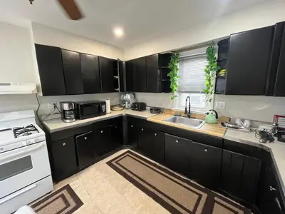 a small kitchen with black cabinets and a sink at Modern Oasis in Bayonne