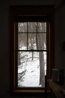 a window with a view of a snow covered forest at Luxury House in Pocono Mountains in Tannersville