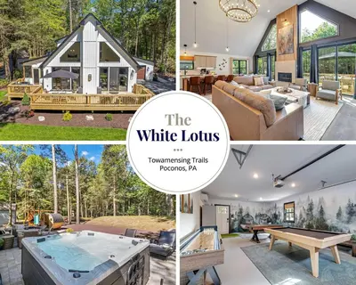 a collage of pictures of a white house at Luxury Hot Tub Sauna Game Room Dog Friendly in Albrightsville