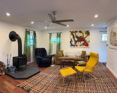 a living room with a couch and a fireplace at Roscoe Pine House in Roscoe