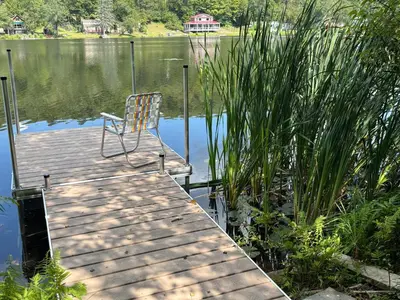a chair sitting on a dock on a lake at Roscoe Pine House in Roscoe