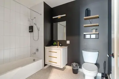 a bathroom with a white toilet and a tub and a sink at 2BR 2BA, King bd, Gym, Free Parking, 8min to Train in East Orange