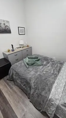 a bedroom with a bed with a dresser and a desk at Serenity Haven in Irvington