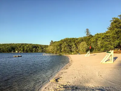 a sandy beach with trees on the side of a lake at Chalet in Masthope Community in Lackawaxen