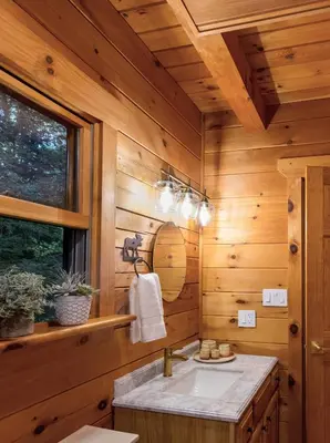 a bathroom with a sink in a log cabin at Waterfront Secluded Log Cabin in Beach Lake
