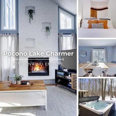 a living room with a fireplace and a room with a table at Charming Lakeside Retreat for 10 in Tobyhanna