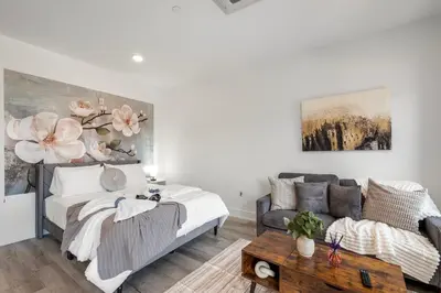 a living room with a bed and a couch at Cozy Luxe Studio - Workstation WasherDryer in Philadelphia