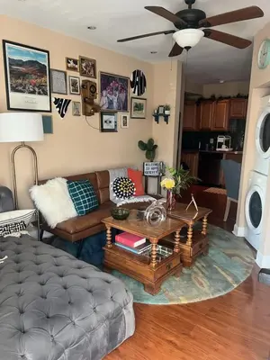 a living room with a couch and a coffee table at Cozy 1 bedroom Abode in Philadelphia