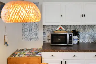 a microwave sitting on a counter in a kitchen at Family Friendly Cabin With A Firepit And A Hot Tub In Heart of Poconos in Pocono Pines
