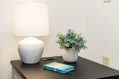 a table with a lamp and a vase with a plant at Serenity Inn in Ronks