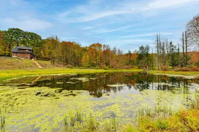 a pond in front of a house in a forest at Golf, Fish and Ski Retreat with Game Room in Thompson in Thompson