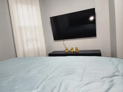 a bedroom with a bed with a flat screen tv at Comfy Fairmount in Newark
