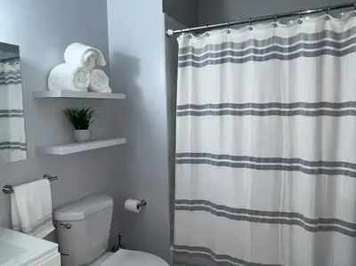 a bathroom with a shower curtain and a toilet at Comfy Fairmount in Newark