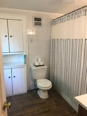 a bathroom with a toilet and a shower curtain at Charming Hudson Valley 3-Bedroom Family Getaway in Tomkins Cove
