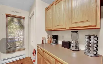 a kitchen with wooden cabinets and a blender on a counter at Waterfront Mountain Fun-Jack Frost Walk On Whole House in Blakeslee
