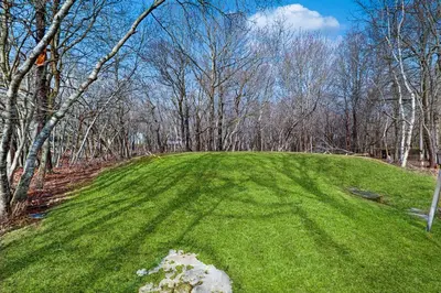 a green field with trees in the background at Pool Access! All-Season Family Home in Poconos in Crescent Lake