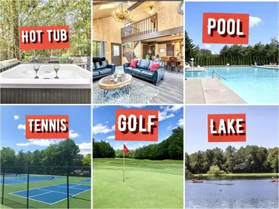 a collage of pictures of homes and a pool at Cabin Retreat with Hot Tub in Pocono Country Place