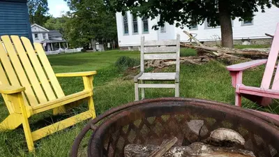 a group of chairs sitting around a fire pit at Historical Home with Amenities Nearby - Delaware River, General Store, Post Office, Tavern in Equinunk