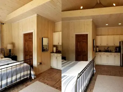 a bedroom with two beds and a kitchen at Glamorous Cottage Rental with Outdoor Lounge and Pool on 40 Acres in Pine Bush, New York in Pine Bush