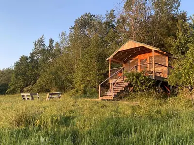 a wooden cabin in a field with two benches at Gorgeous Finger Lakes Accommodation near Ithaca for Glamping in New York in Brooktondale