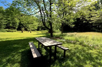 a picnic table and a bench in a park at Gorgeous Cottage for Two, Overlooking Pond on 20 acres, Glamping in Pennsylvania in Spring Mills