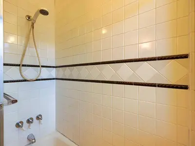 a bathroom with a shower and a sink at Cozy Home in Historic Harrisburg in Harrisburg