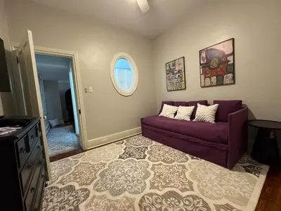 a living room with a purple couch and a rug at Heart of Midtown Home on Penn St - Pet Friendly in Harrisburg