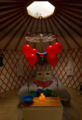 a figure in a yurt with a bunch of heart balloons at Secluded in the Woods Cedar Hot Tub Pet Friendly in Mehoopany