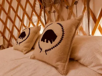 two pillows with bats on them sitting on a bed at Secluded in the Woods Cedar Hot Tub Pet Friendly in Mehoopany