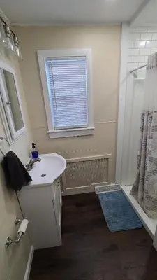 a bathroom with a sink and a shower with a window at Riverfront Cottage in Owego in Owego