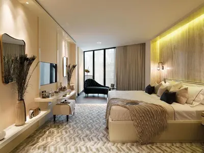 a bedroom with a large bed and a living room at Alerona in New York