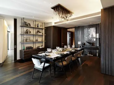 a dining room with a long table and chairs at Alerona in New York