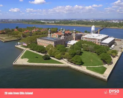 an aerial view of a building on an island in the water at Private Studio 5 minutes to the NYC train in Bayonne