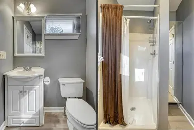 two pictures of a bathroom with a toilet and a shower at Suites On Chocolate - The Factory in Hershey
